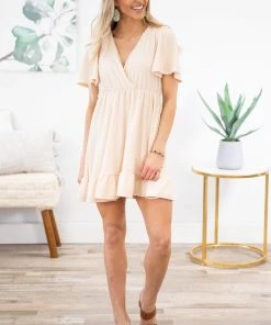 Lovely Melody Beige Swiss Dot Flutter Sleeve Dress