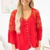 Shewin Red Lace Sleeve Top With Button Detail