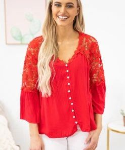 Shewin Red Lace Sleeve Top With Button Detail