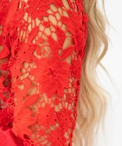 Shewin Red Lace Sleeve Top With Button Detail