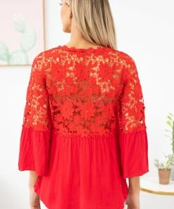 Shewin Red Lace Sleeve Top With Button Detail