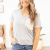 Heimish Grey Top With Crochet And Stripe Pocket Tops