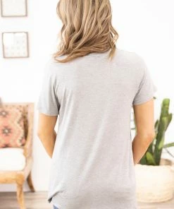 Heimish Grey Top With Crochet And Stripe Pocket Tops