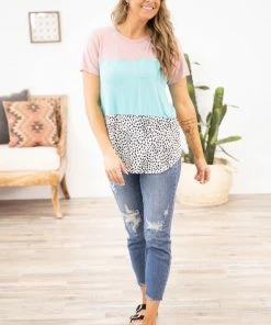 Heimish Aqua Blush Animal Print Colorblock Top