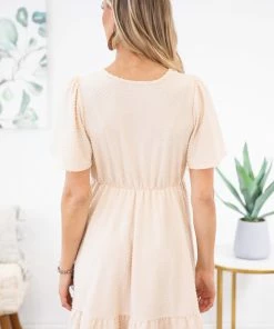 Lovely Melody Beige Swiss Dot Flutter Sleeve Dress