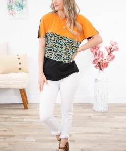 Your Fashion Wholesale SHORT SLEEVES Orange And Animal Print Colorblock Top