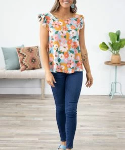 Les Amis Aqua And Orange Floral Print Ruffle Sleeve Top Tops 6 Les Amis Aqua And Orange Floral Print Ruffle Sleeve Top Tops