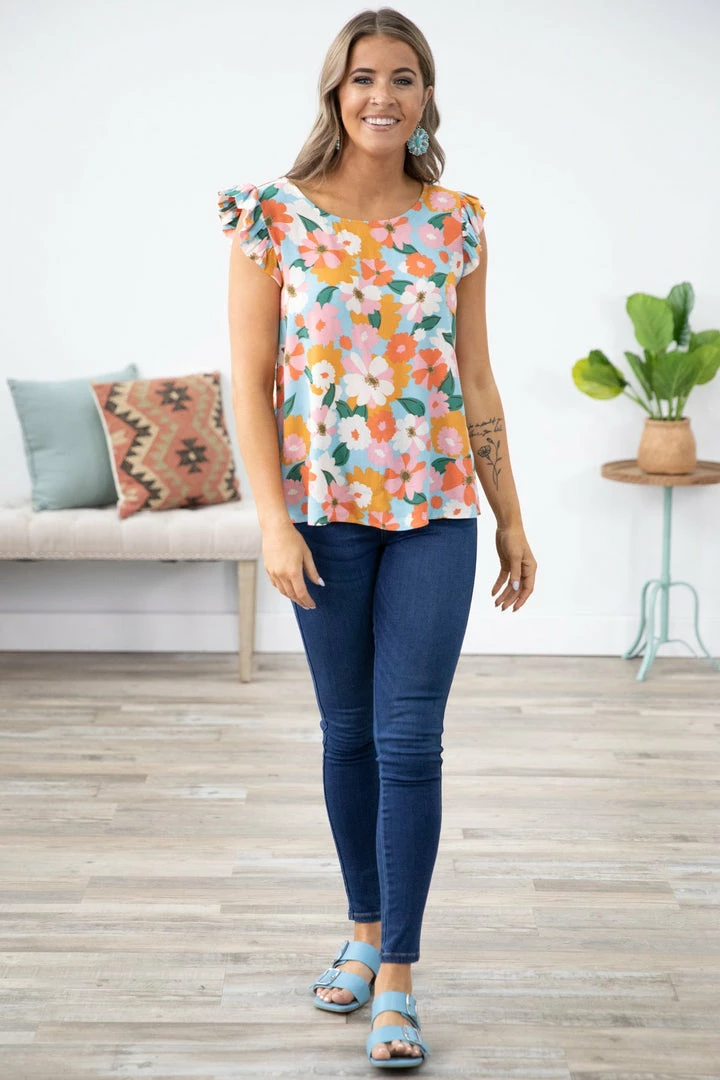 Les Amis Aqua And Orange Floral Print Ruffle Sleeve Top Tops 4 Les Amis Aqua And Orange Floral Print Ruffle Sleeve Top Tops