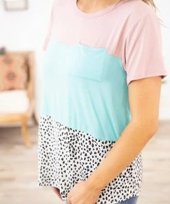Heimish Aqua Blush Animal Print Colorblock Top