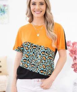 Your Fashion Wholesale SHORT SLEEVES Orange And Animal Print Colorblock Top