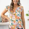Les Amis Aqua And Orange Floral Print Ruffle Sleeve Top Tops 2 Les Amis Aqua And Orange Floral Print Ruffle Sleeve Top Tops
