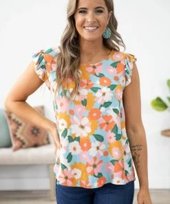 Les Amis Aqua And Orange Floral Print Ruffle Sleeve Top Tops