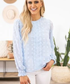 Shewin Baby Blue Swiss Dot Smocked Detail Top