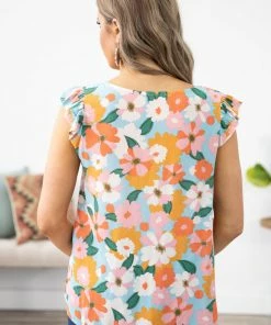 Les Amis Aqua And Orange Floral Print Ruffle Sleeve Top Tops 7 Les Amis Aqua And Orange Floral Print Ruffle Sleeve Top Tops