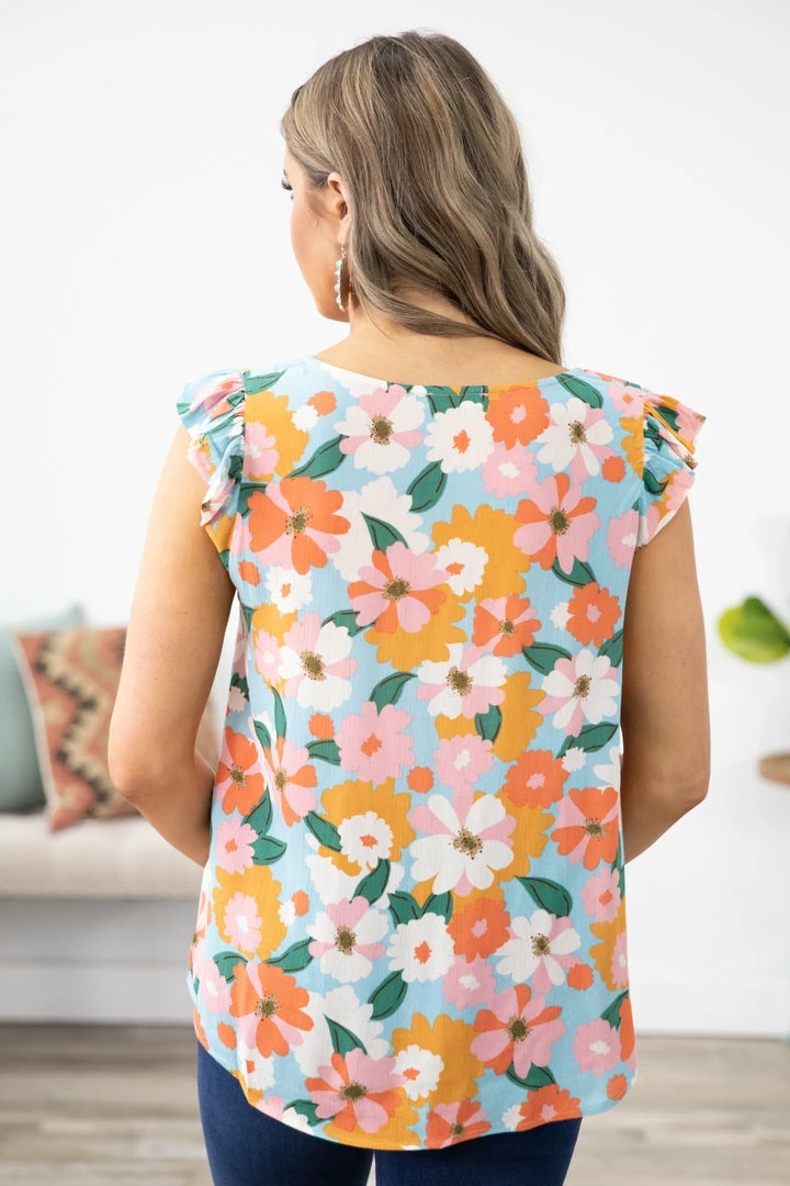 Les Amis Aqua And Orange Floral Print Ruffle Sleeve Top Tops 5 Les Amis Aqua And Orange Floral Print Ruffle Sleeve Top Tops