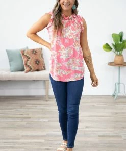 7th Ray Pink And Coral Ruffle Neck Floral Print Top Tops
