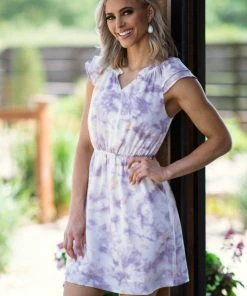 Gilli Purple And Ivory Tie Dye Elastic Waist Dress Dresses