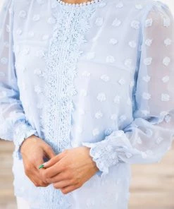 Shewin Baby Blue Swiss Dot Smocked Detail Top