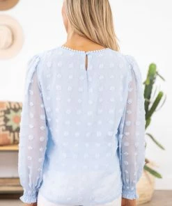 Shewin Baby Blue Swiss Dot Smocked Detail Top