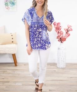 Hailey And Co Blue And Ivory Floral Scarf Print Top SHORT SLEEVES