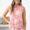 7th Ray Pink And Coral Ruffle Neck Floral Print Top Tops