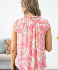 7th Ray Pink And Coral Ruffle Neck Floral Print Top Tops