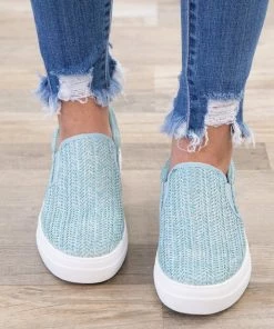 Fortune Dynamic Sky Blue Raffia Platform Slip On Shoes