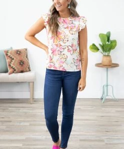 Summer 10 Tops Ivory And Pink Floral Ruffle Sleeve Top