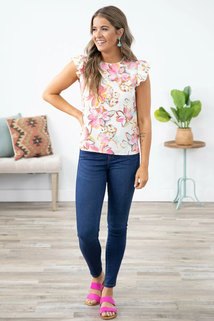 Summer 10 Tops Ivory And Pink Floral Ruffle Sleeve Top 4 Summer 10 Tops Ivory And Pink Floral Ruffle Sleeve Top