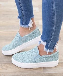 Fortune Dynamic Sky Blue Raffia Platform Slip On Shoes