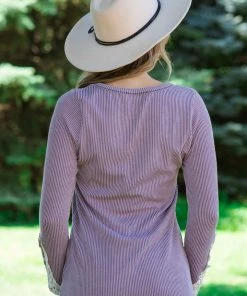 Lovely Melody Tops Mauve Rib Knit Top With Crochet Trim