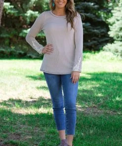 Lovely Melody Beige Rib Knit Top With Crochet Trim