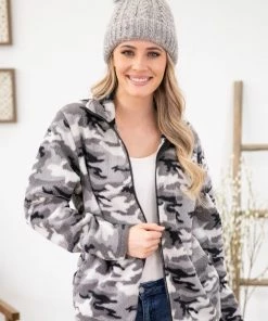 Pacific Teaze Inc Grey Camouflage Full Zip Sherpa Jacket Outerwear