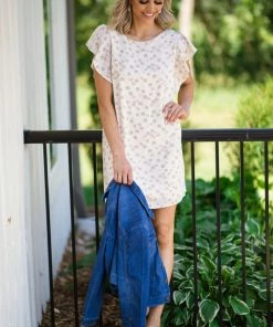 Gilli Cream And Taupe Abstract Print Tie Back Dress