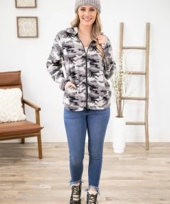 Pacific Teaze Inc Grey Camouflage Full Zip Sherpa Jacket Outerwear