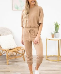 Heyson Bottoms Tan Rib Knit Elastic Waist Jogger