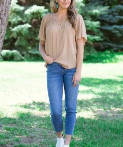 Staccato Camel Textured Top With Keyhole Tops