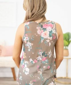Avery Apparel Mocha Multicolor Floral Print Tank With Pocket