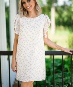 Gilli Cream And Taupe Abstract Print Tie Back Dress