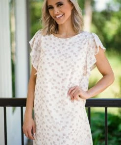 Gilli Cream And Taupe Abstract Print Tie Back Dress