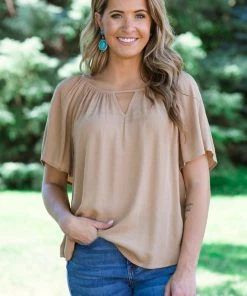 Staccato Camel Textured Top With Keyhole Tops