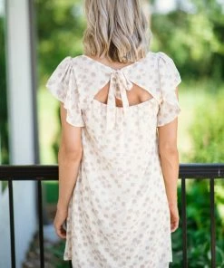 Gilli Cream And Taupe Abstract Print Tie Back Dress