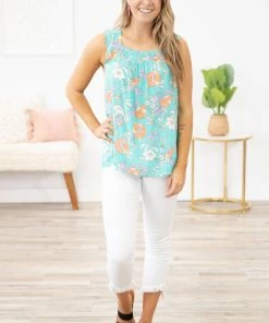 Staccato Tops Turquoise And Orange Floral Square Neck Tank