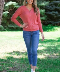 Staccato Coral Textured Button Detail Top