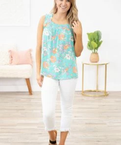 Staccato Tops Turquoise And Orange Floral Square Neck Tank