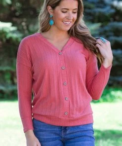 Staccato Coral Textured Button Detail Top