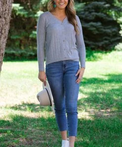 Staccato Tops Light Grey Textured Button Detail Top