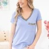 7th Ray Dusty Blue Sequin Trim V-Neck Top