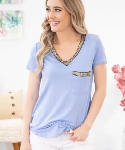 7th Ray Dusty Blue Sequin Trim V-Neck Top