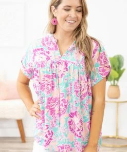 Staccato Tops Turquoise And Fuchsia Floral Top With Tie